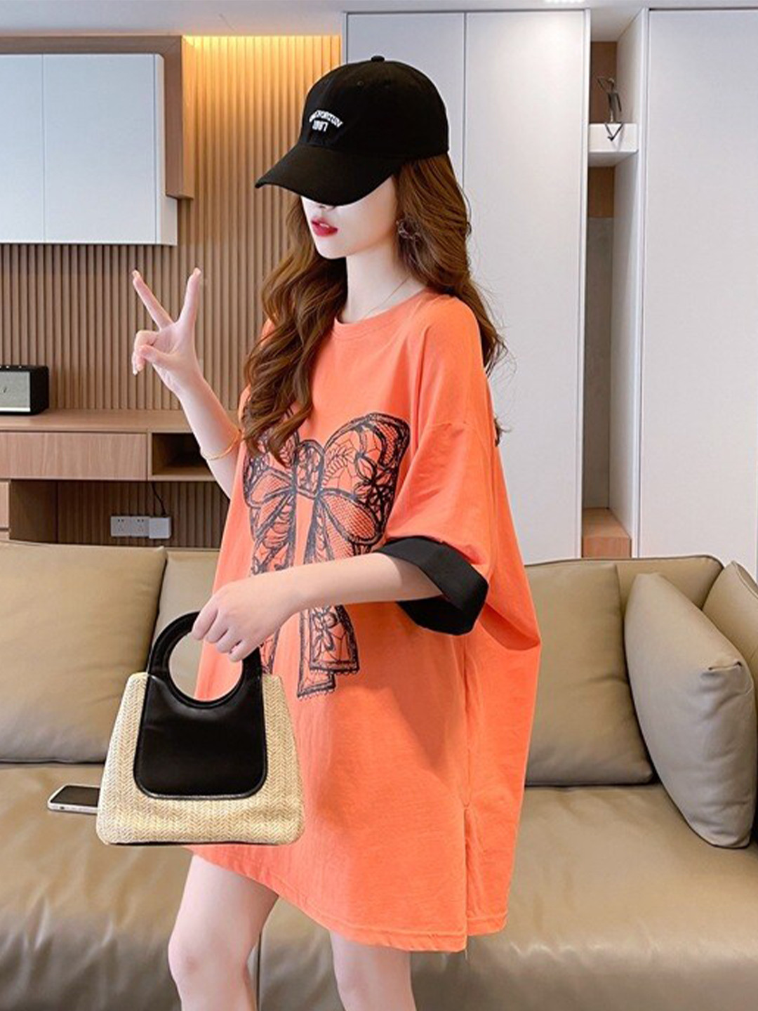 StyleCast Orange Graphic Printed Pure Cotton Longline Regular Top