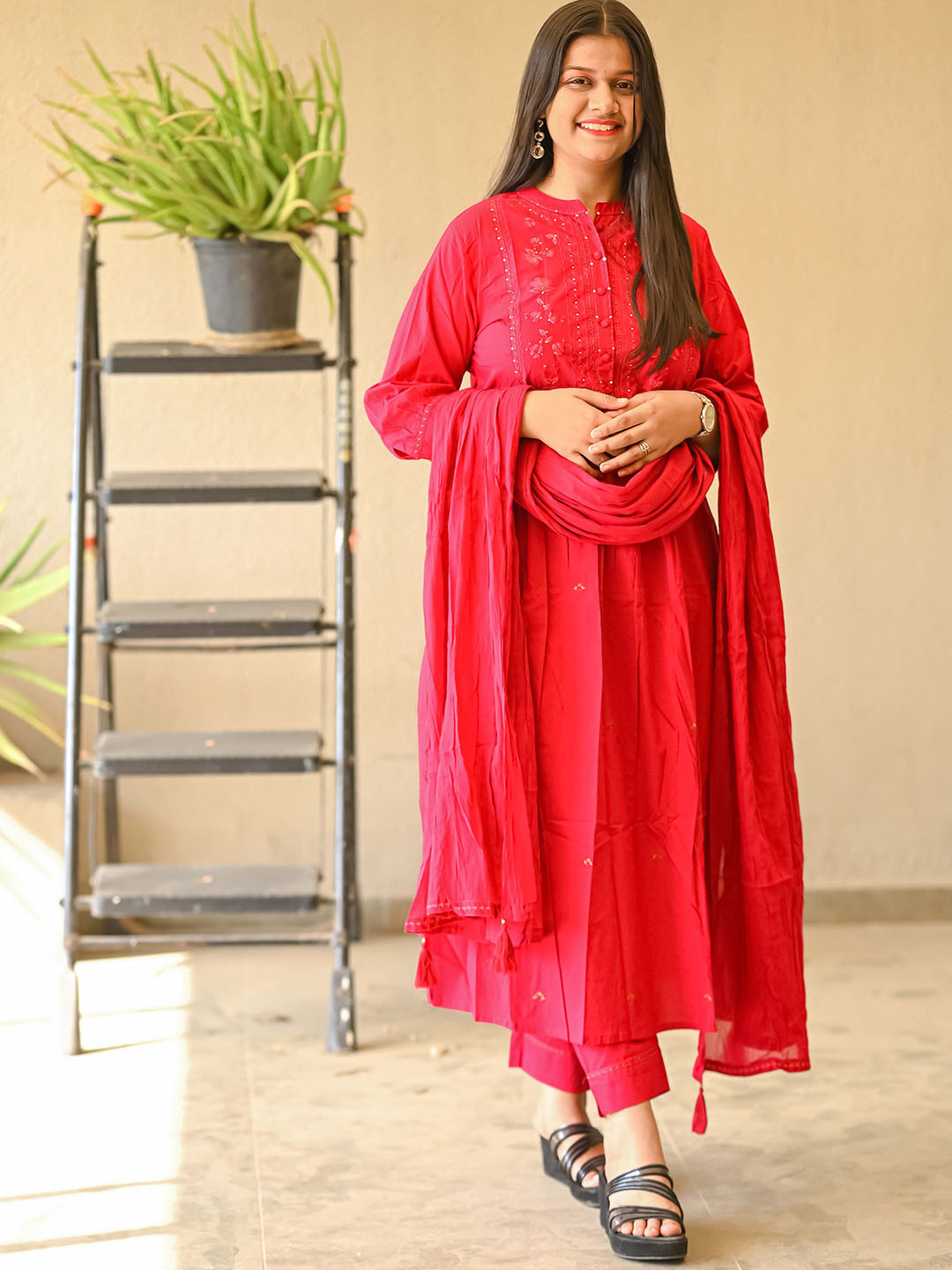 The Allure Attire Women Floral Woven Design Cotton Kurta with Trouser & Dupatta