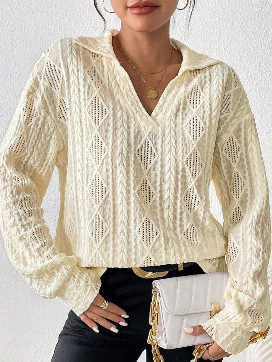 StyleCast White Geometric Shirt Collar Long Sleeve Top