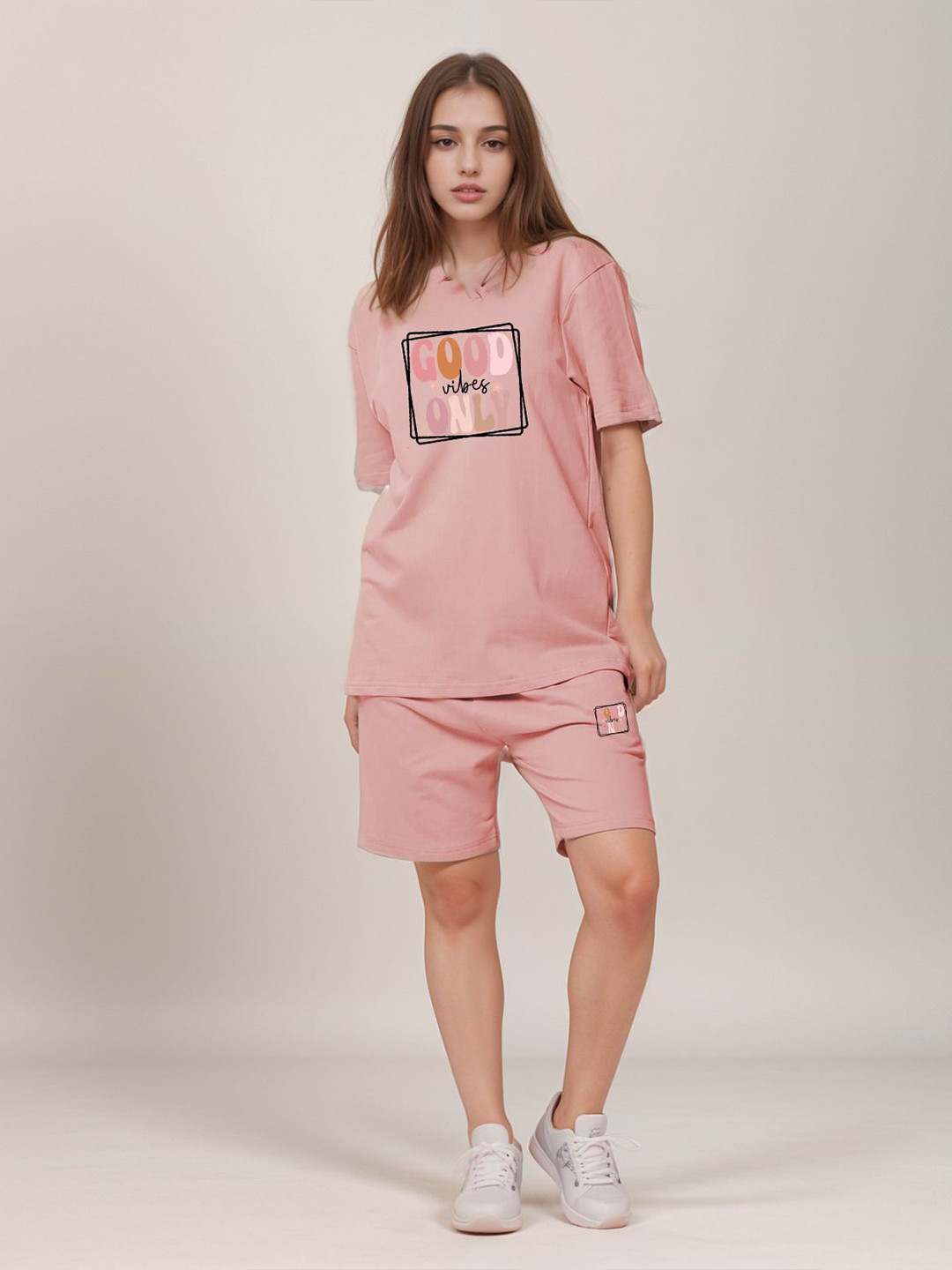 Peach Printed T-Shirt and Shorts Co-Ords