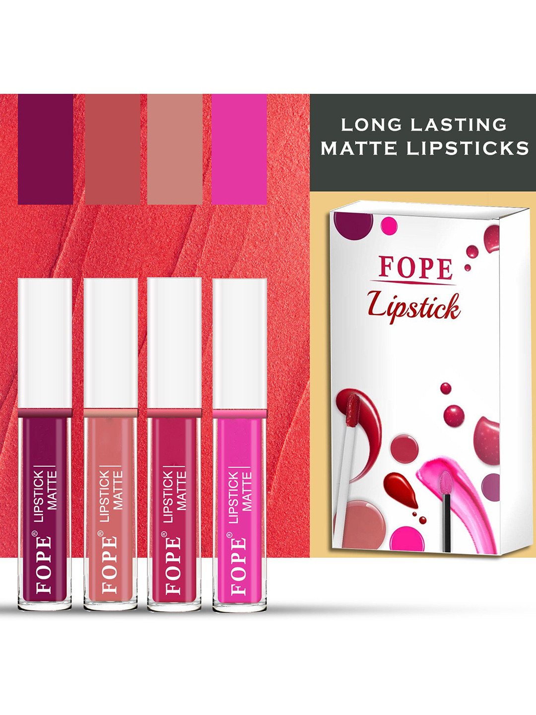 FOPE Set Of 4 Lipstick - 4 ml Each Plum Velvet 01 Pastel Red 07 Rose Red 11 Neon Pink 12