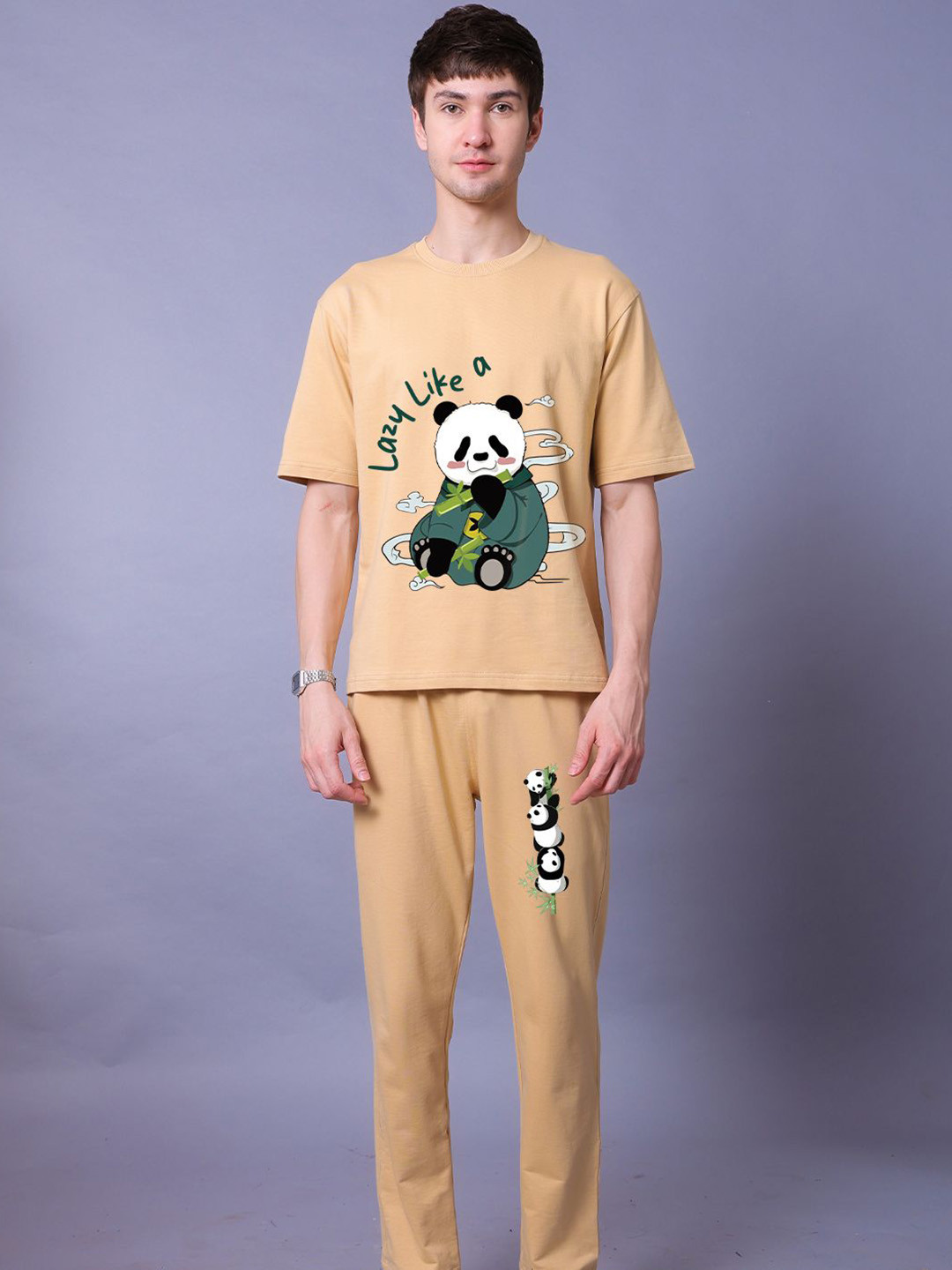 Lazy Lush Panda Printed Round Neck T-Shirt With Trousers Co-Ords