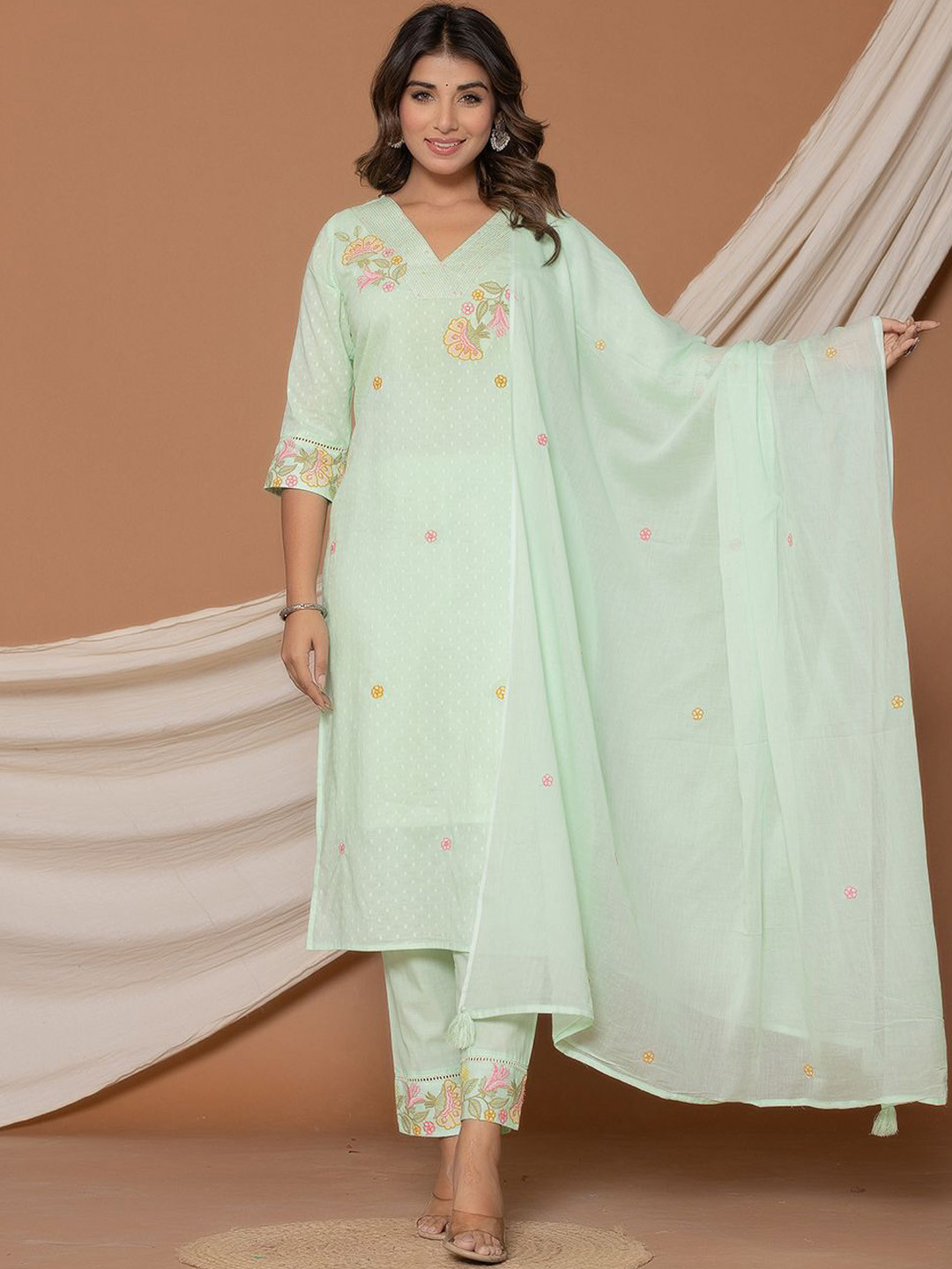 V.S.Creation Women V-Neck Embroidered Pure Cotton Kurta with Trousers & Dupatta