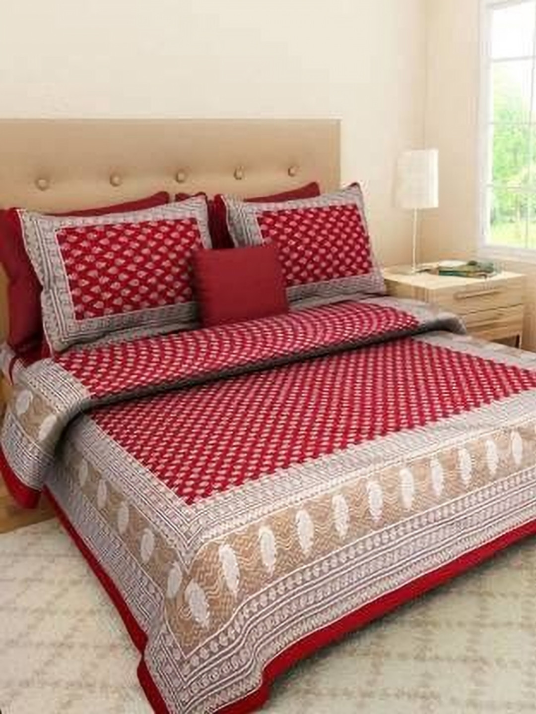 Dhawariya's Jaipuri Red Paisley Cotton 144 TC Queen Bedsheet with 2 Pillow Covers-91 x 86 inches
