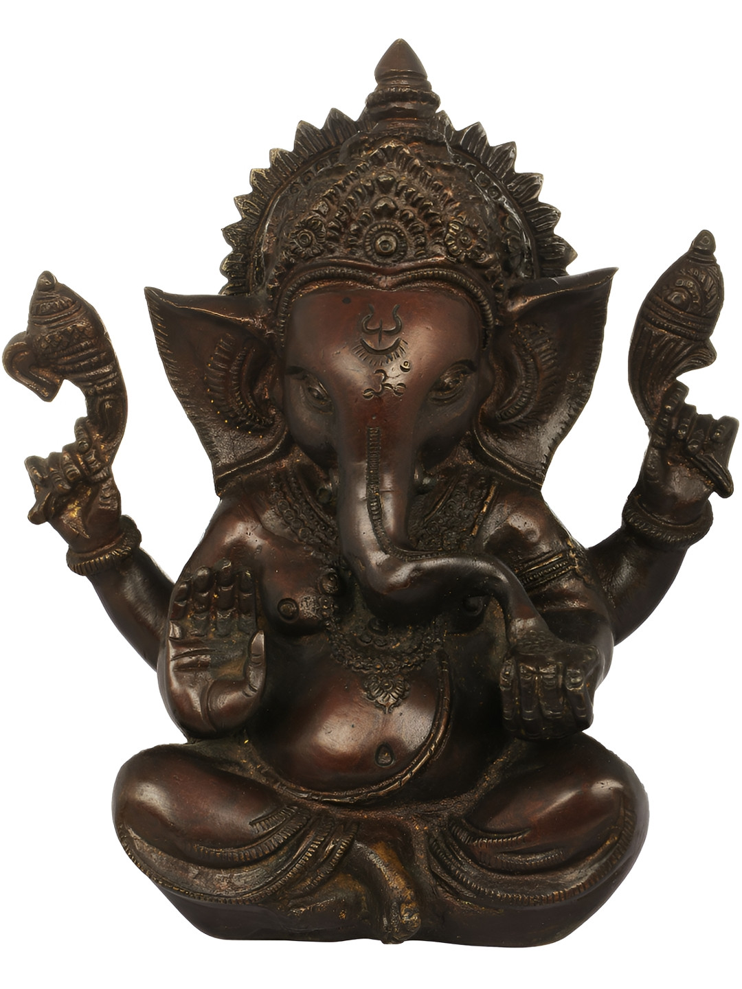 Exotic India Lord Ganesha Enjoying Modak Brown Brass Metallic Prayer Room Hand Made Medium Showpiece - 8.5 Inches