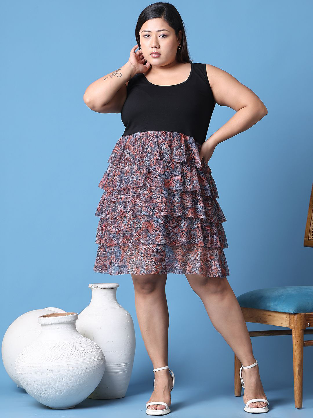 theRebelinme Women Printed Plus Size Layered Midi Dress