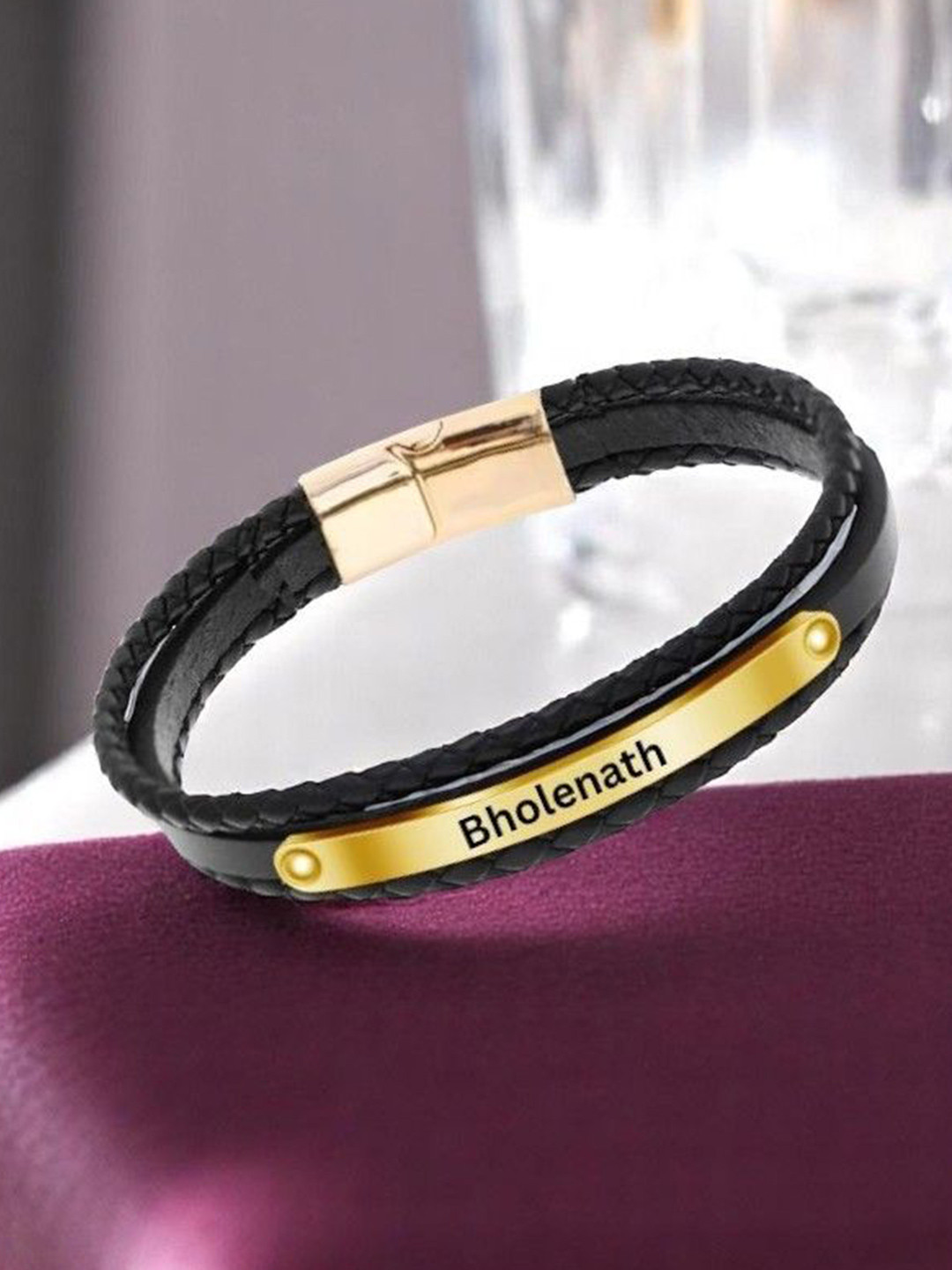 M Men Style Men Gold-Plated Leather Cuff Bracelet