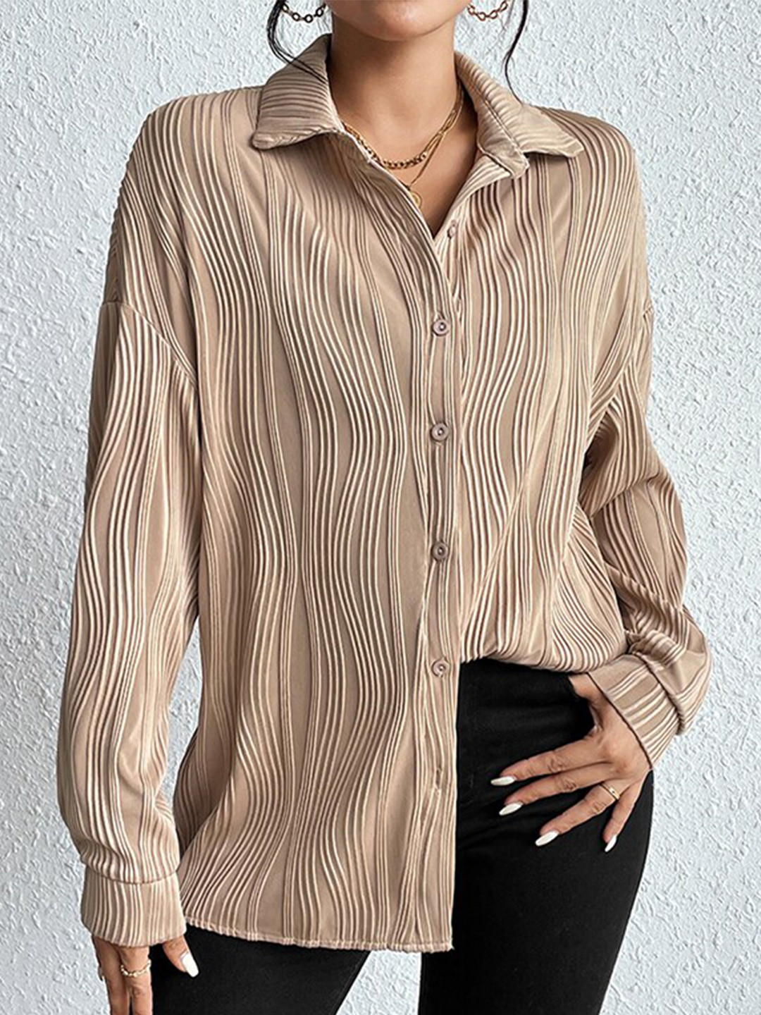StyleCast Khaki Self Design Spread Collar Casual Shirt