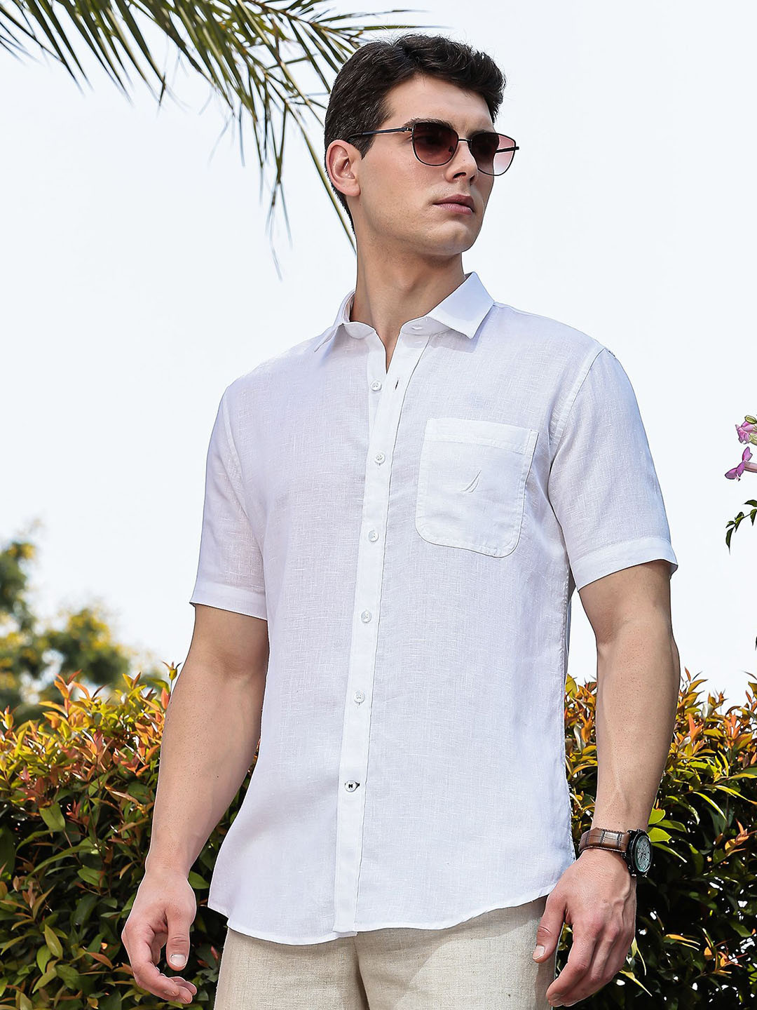 Nautica Men's Premium Solid Cotton Linen Slim Fit Casual Shirt