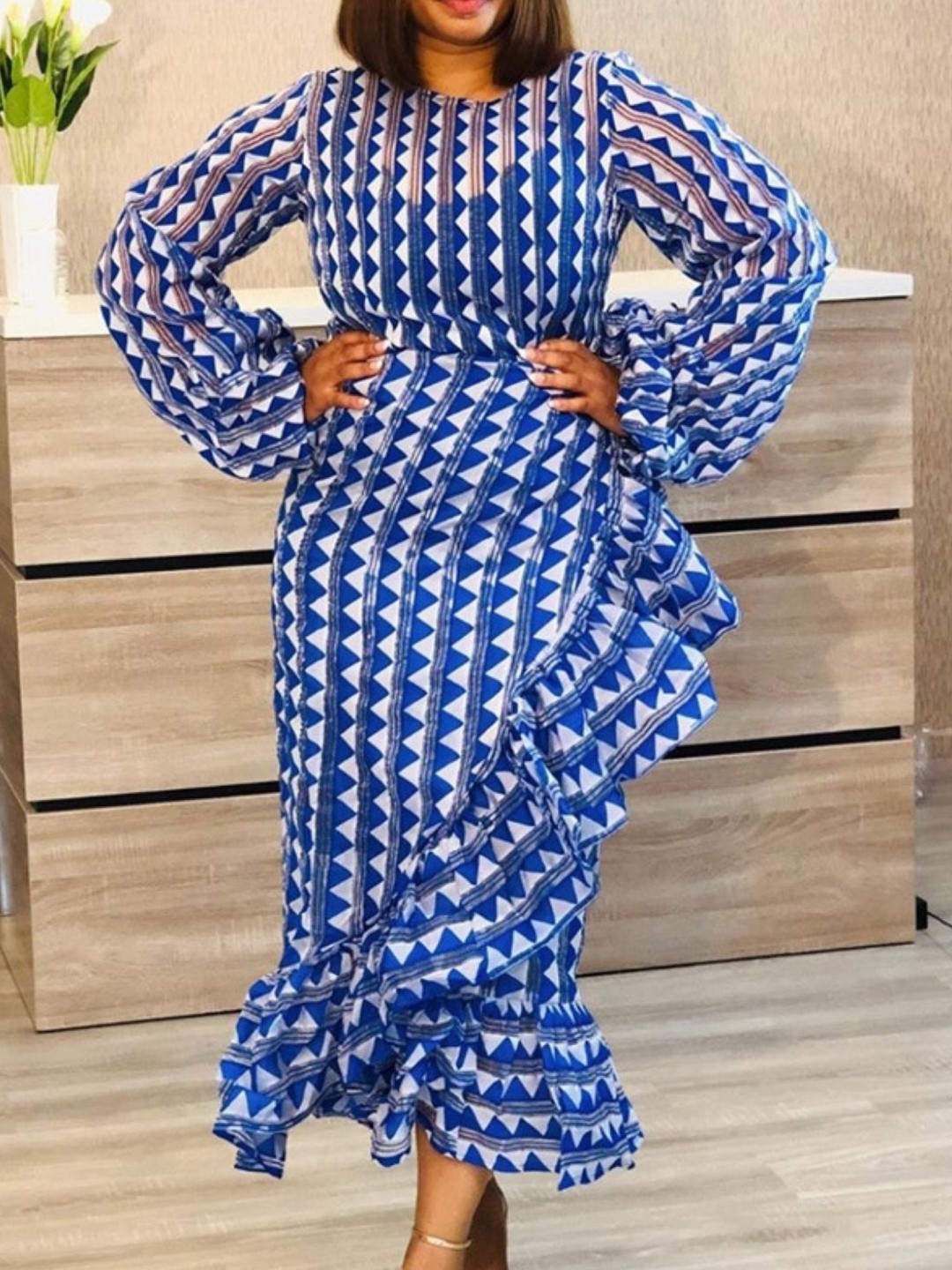 KPOP Women Printed  Round Neck Puff Sleeve  Long Sleeves Bodycon Maxi Dress