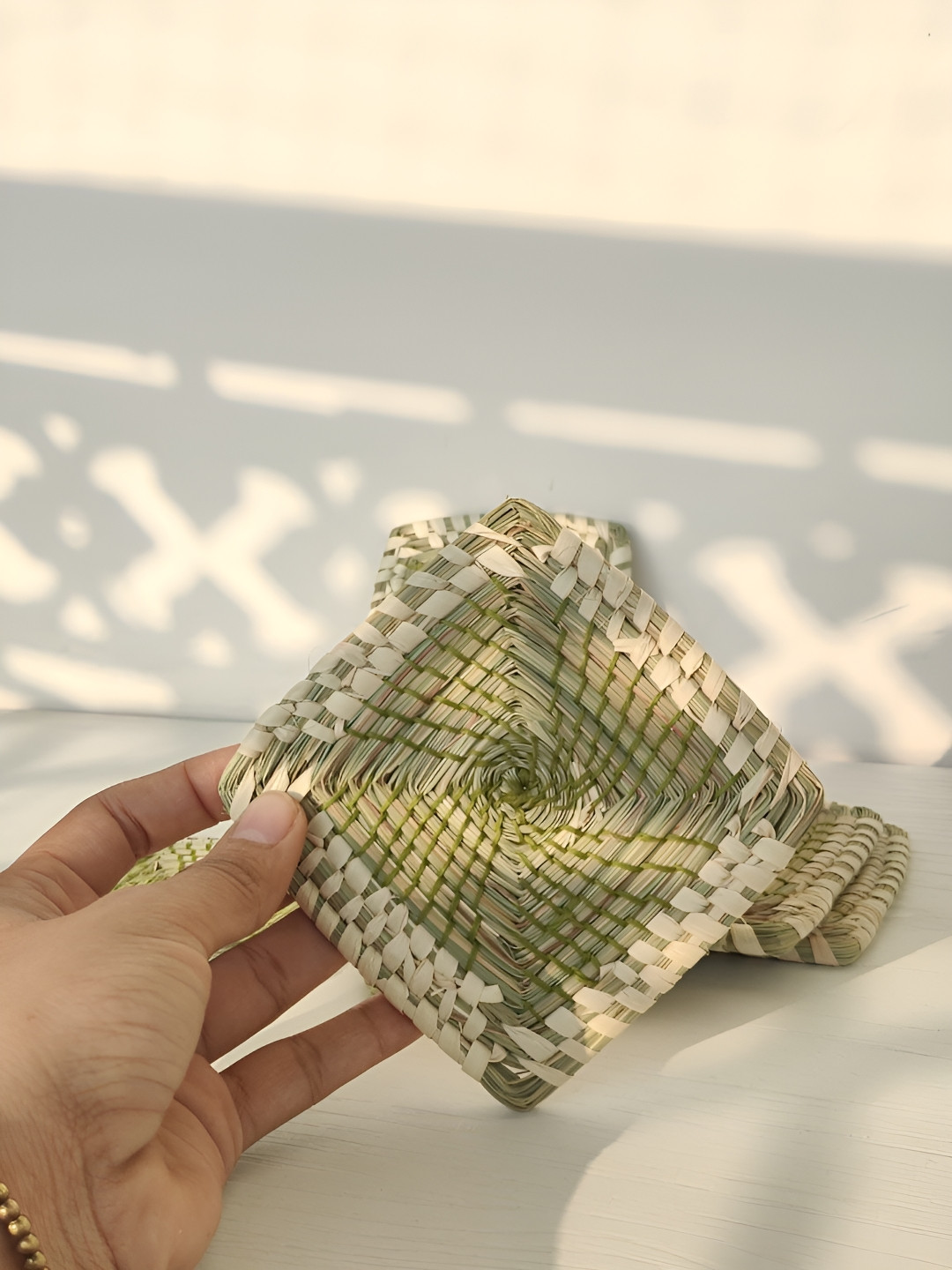 BYORA HOMES 4-Pcs Green & Beige Woven Designed Quad Coasters