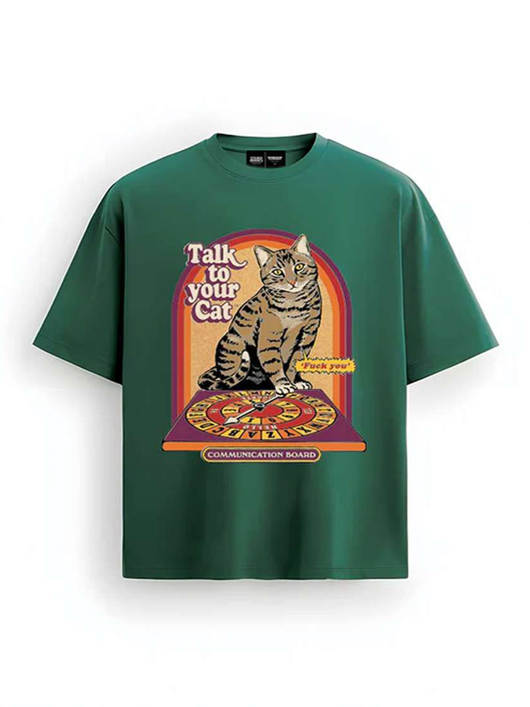 Bonkers Corner Women Talk To Your Cat Printed Green Oversized T-Shirt