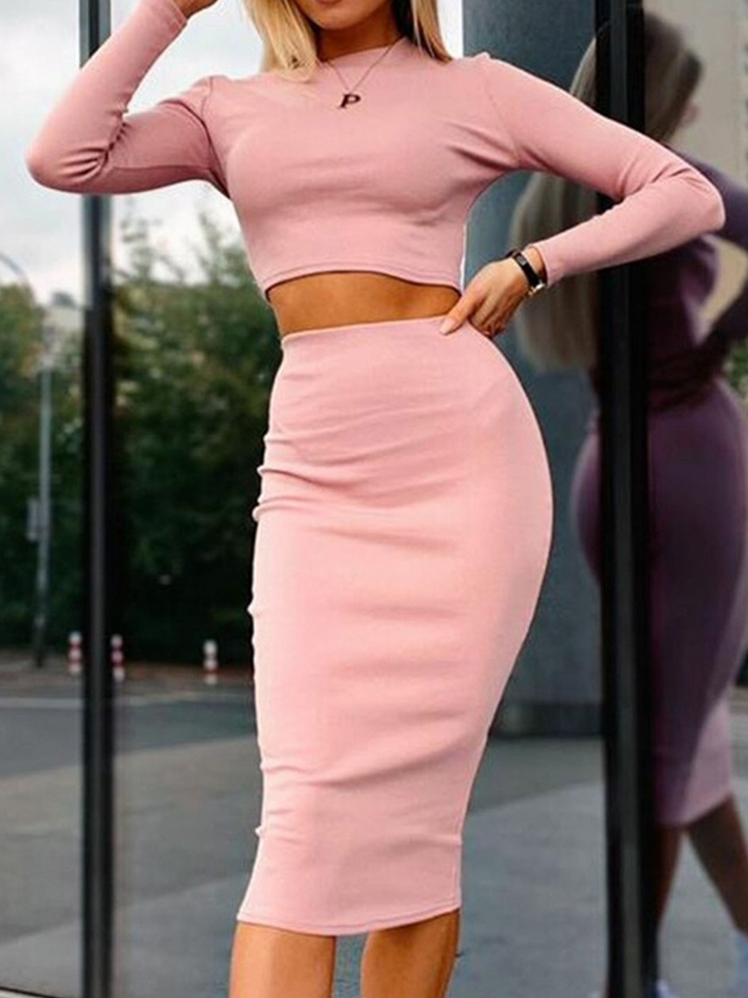 StyleCast Pink High Neck Top & Skirt