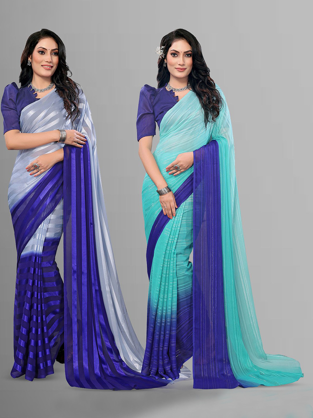 Moda Rapido Adults-Women Pack of 2 Striped Satin Regular Blue Saree