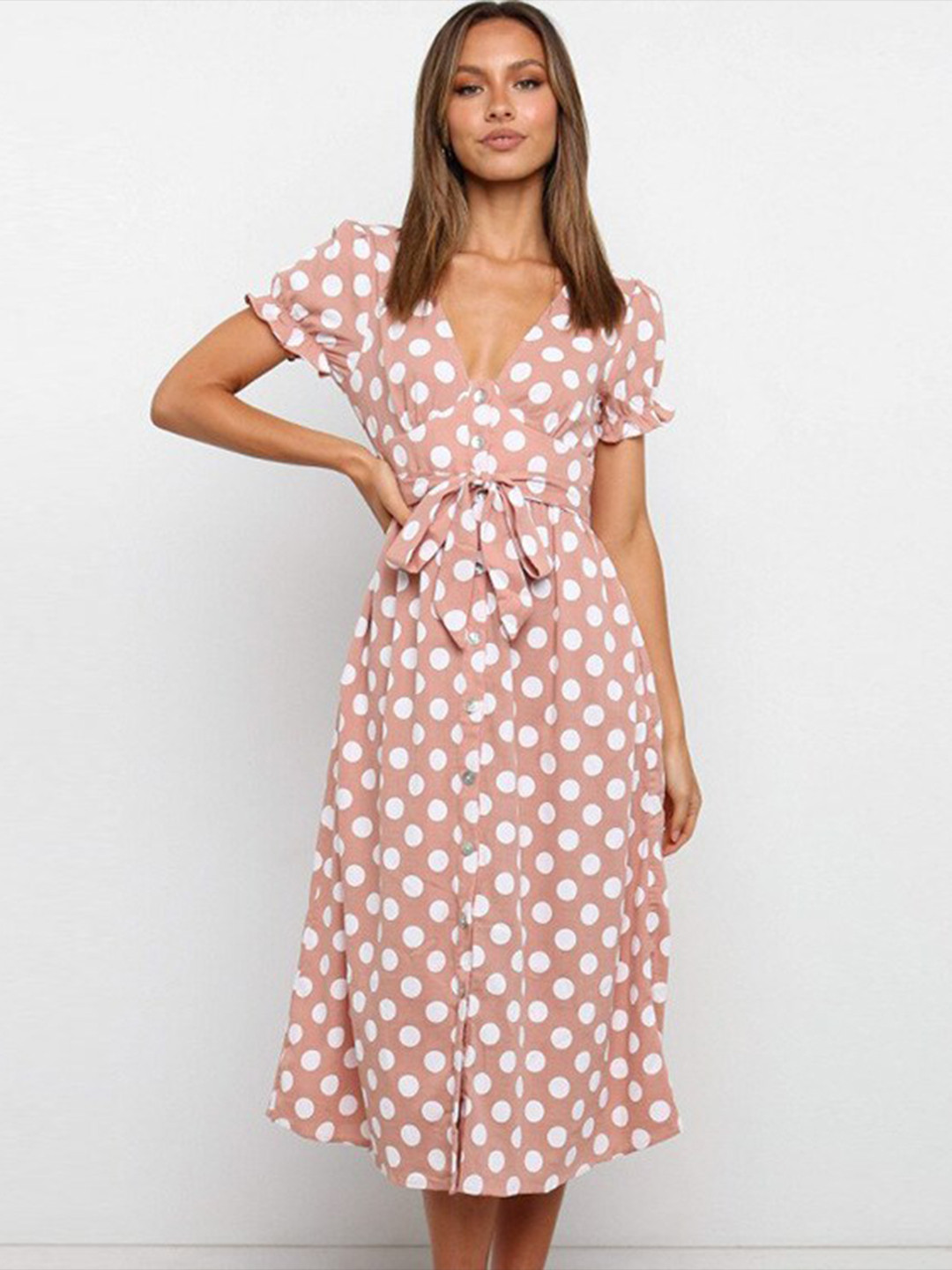 StyleCast Pink Polka Dot Printed A-Line Midi Dress
