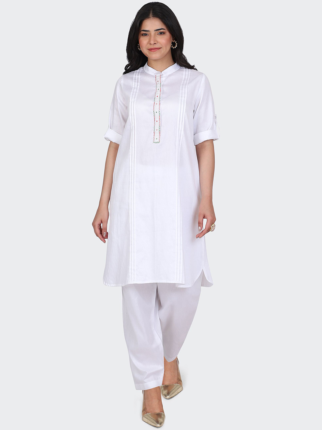 HUE & HIDE Embroidered Thread Work Pure Straight Cotton Kurta with Salwar