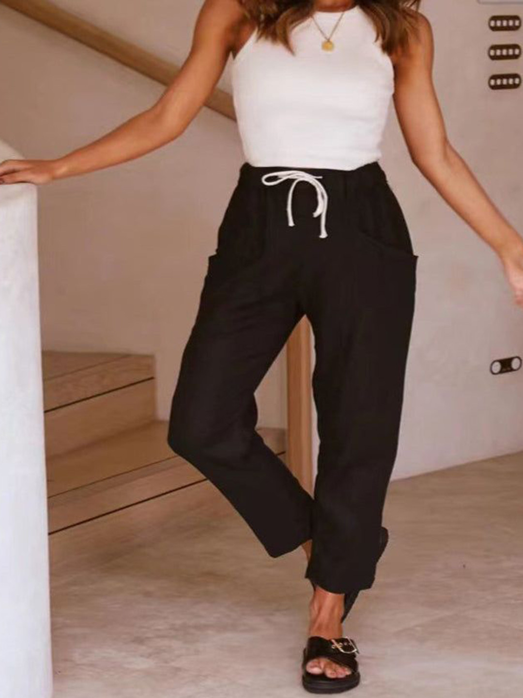 Outzidr Black Waist Tie Up Narrow Leg Trouser