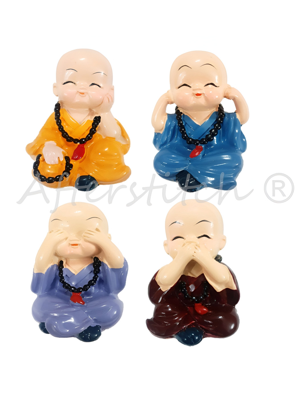 Afterstitch Cute Baby Buddha Monks Blue Polyresin Glossy Living Room Set of 4 Small Showpieces - 1.6 Inches