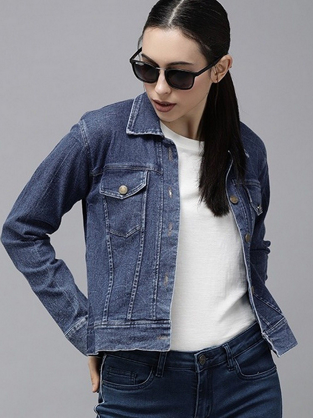 Kaali Peeli Women Washed Denim Jacket with Embroidery