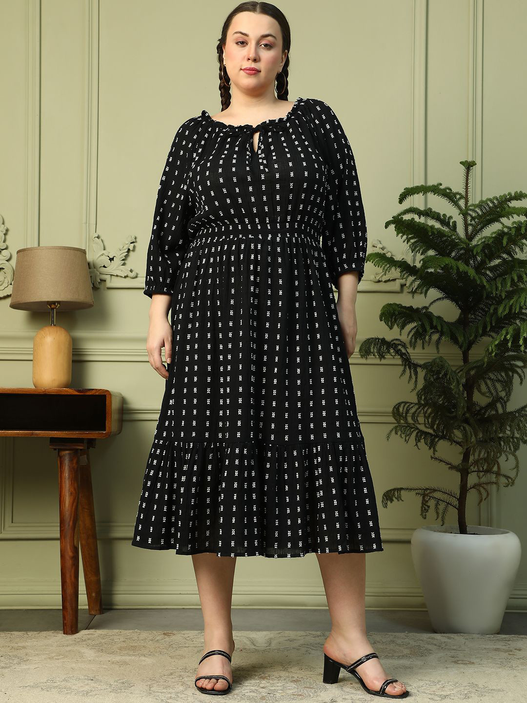 Oxolloxo Plus Size Polka Dot With Tie-Up Detail Long Sleeve Dobby Meld Cotton Dress