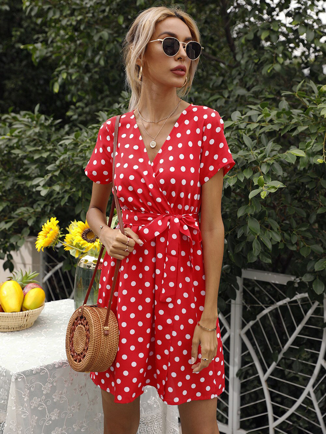 StyleCast Red Polka Dot Printed V-Neck Tie-Ups Detail Mini Wrap Dress