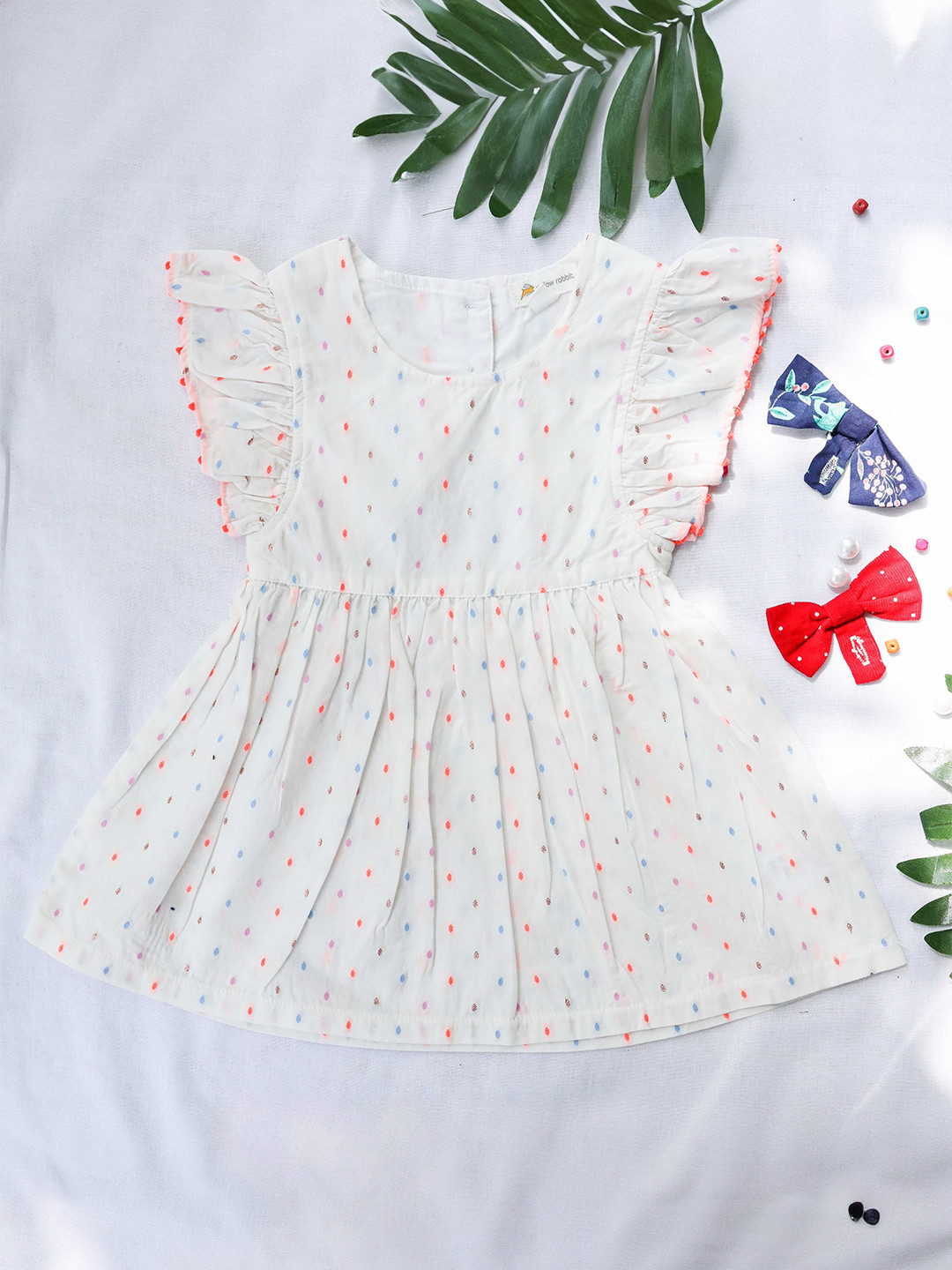 Yellow Rabbit Women Polka Dot Printed Flutter Sleeve A-Line Knee Length Dress