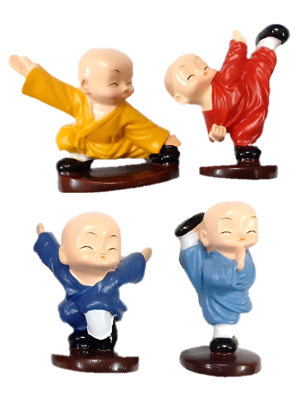 Afterstitch Kungfu Monk Buddha Babies Yellow Polyresin Glossy Living Room Set of 4 Medium Showpieces - 1.6 Inches
