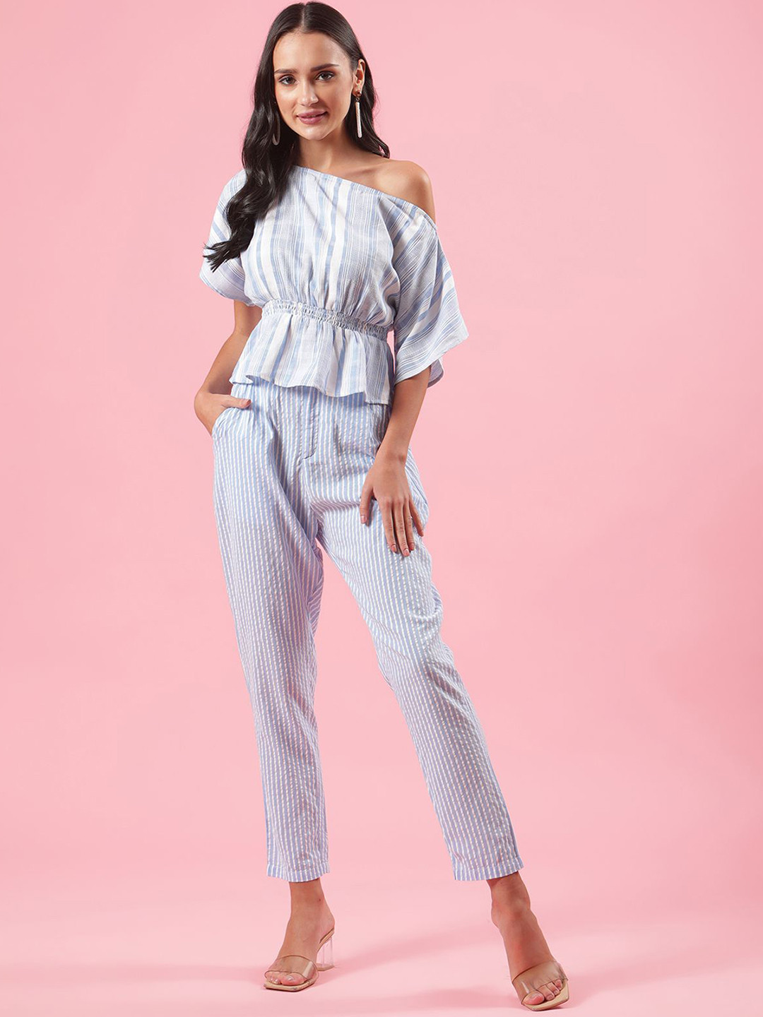 Shades of Sabi One Shoulder Striped Top With Trouser Co-Ords