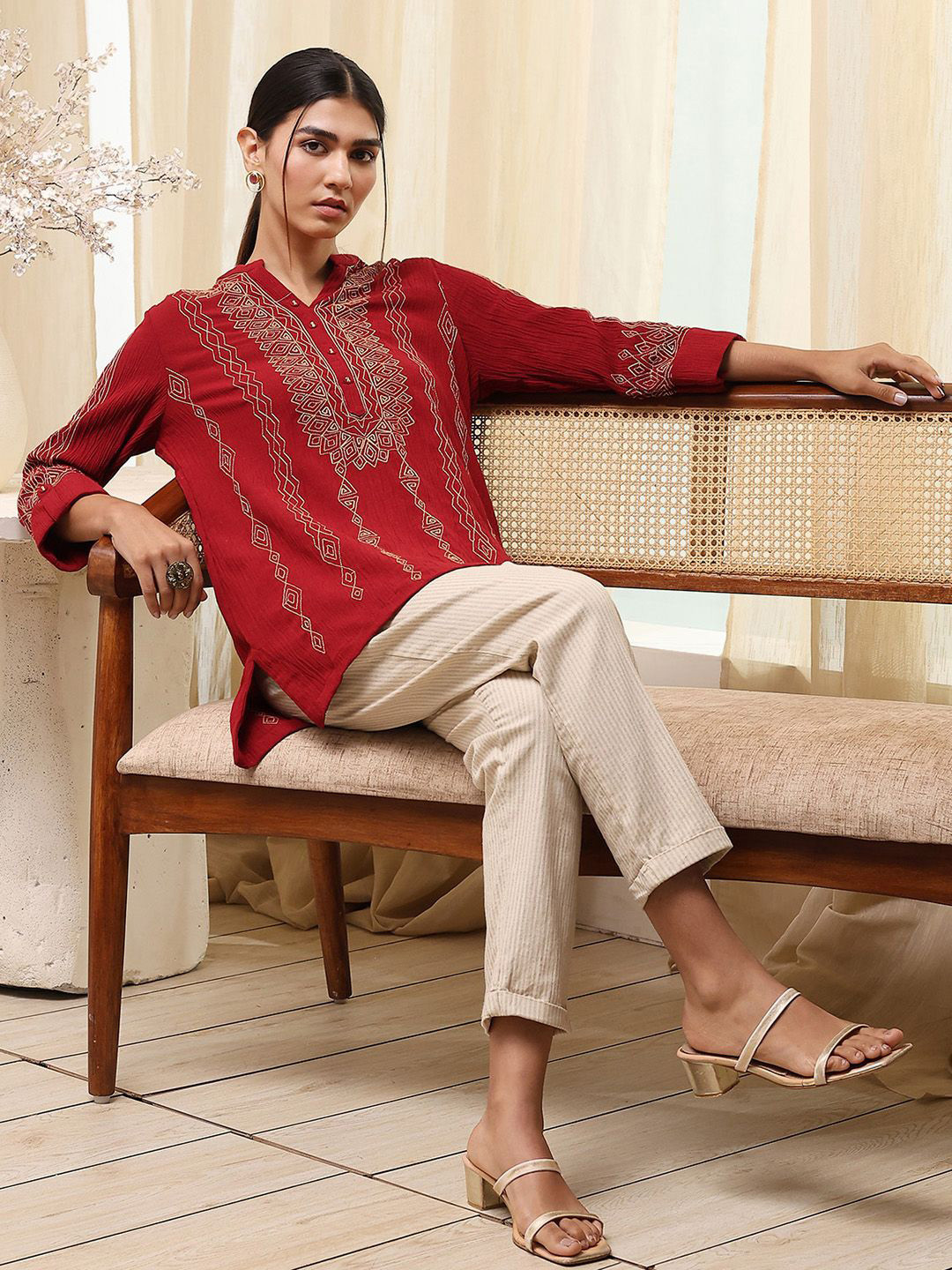 Biba Embroidered Thread Work Mandarin Collar Short Kurta
