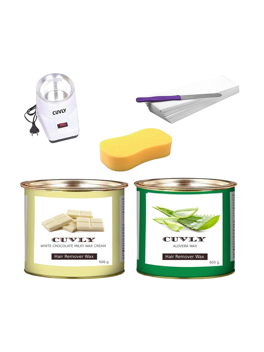 CUVLY Set Of 2 White Chocolate & Aloe Vera Wax With Heater, Sponge & Stick - 550 g Each