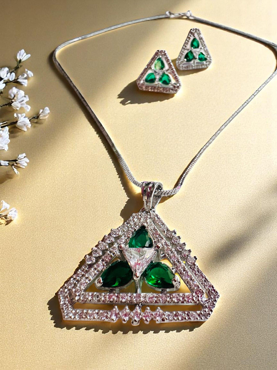 DressBerry Rhodium -Plated Cubic Zirconia-Studded Triangle Shape Jewellery Set