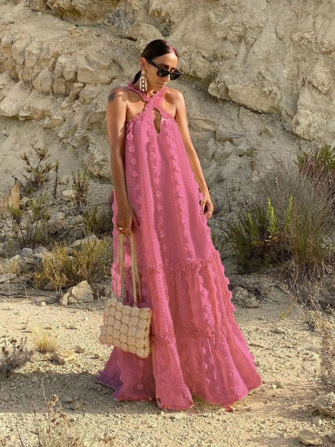 Pink Self Design Halter Neck Tiered Maxi Dress