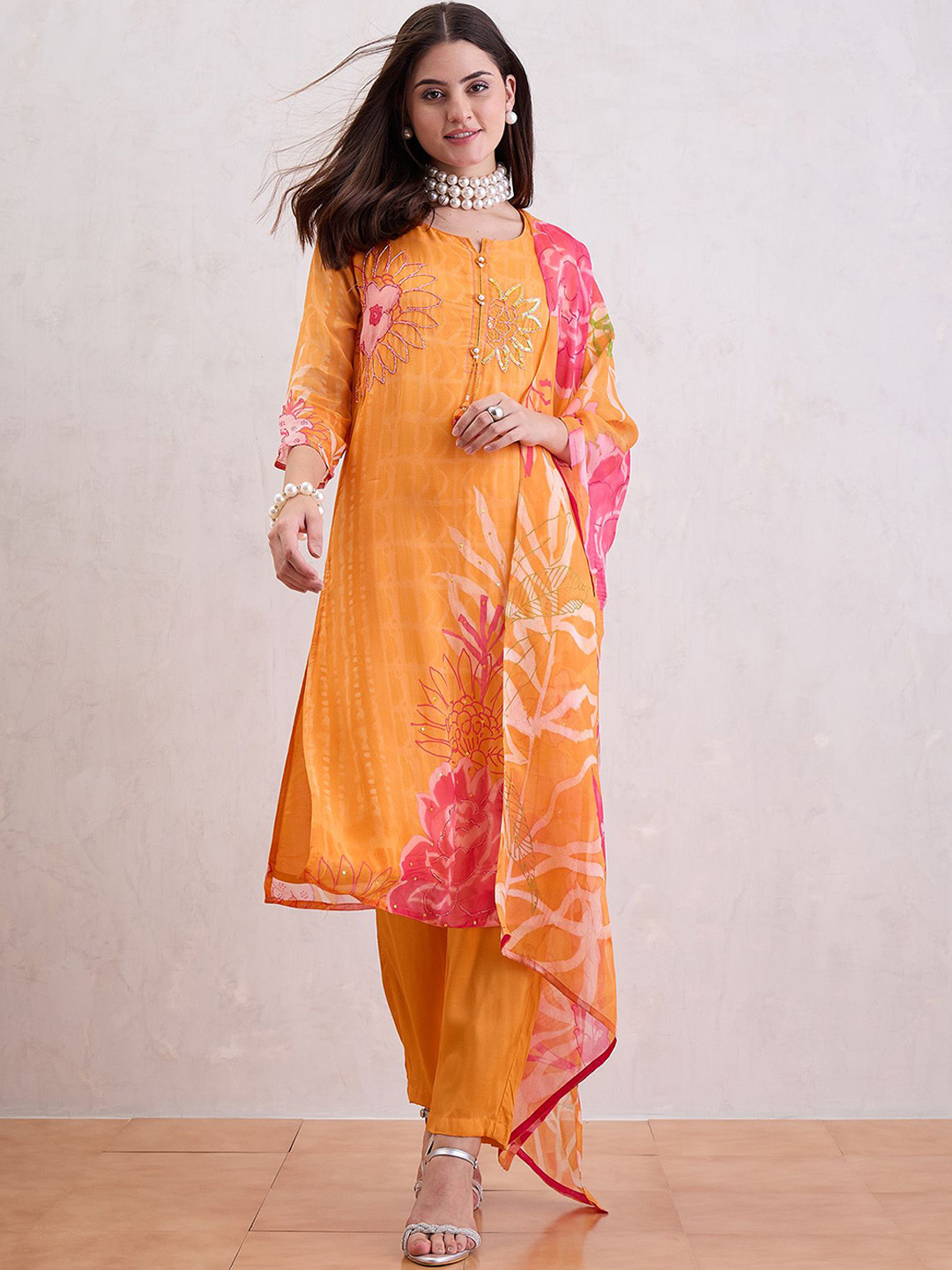 CHETI Women Pure Organza Stright Kurta Set