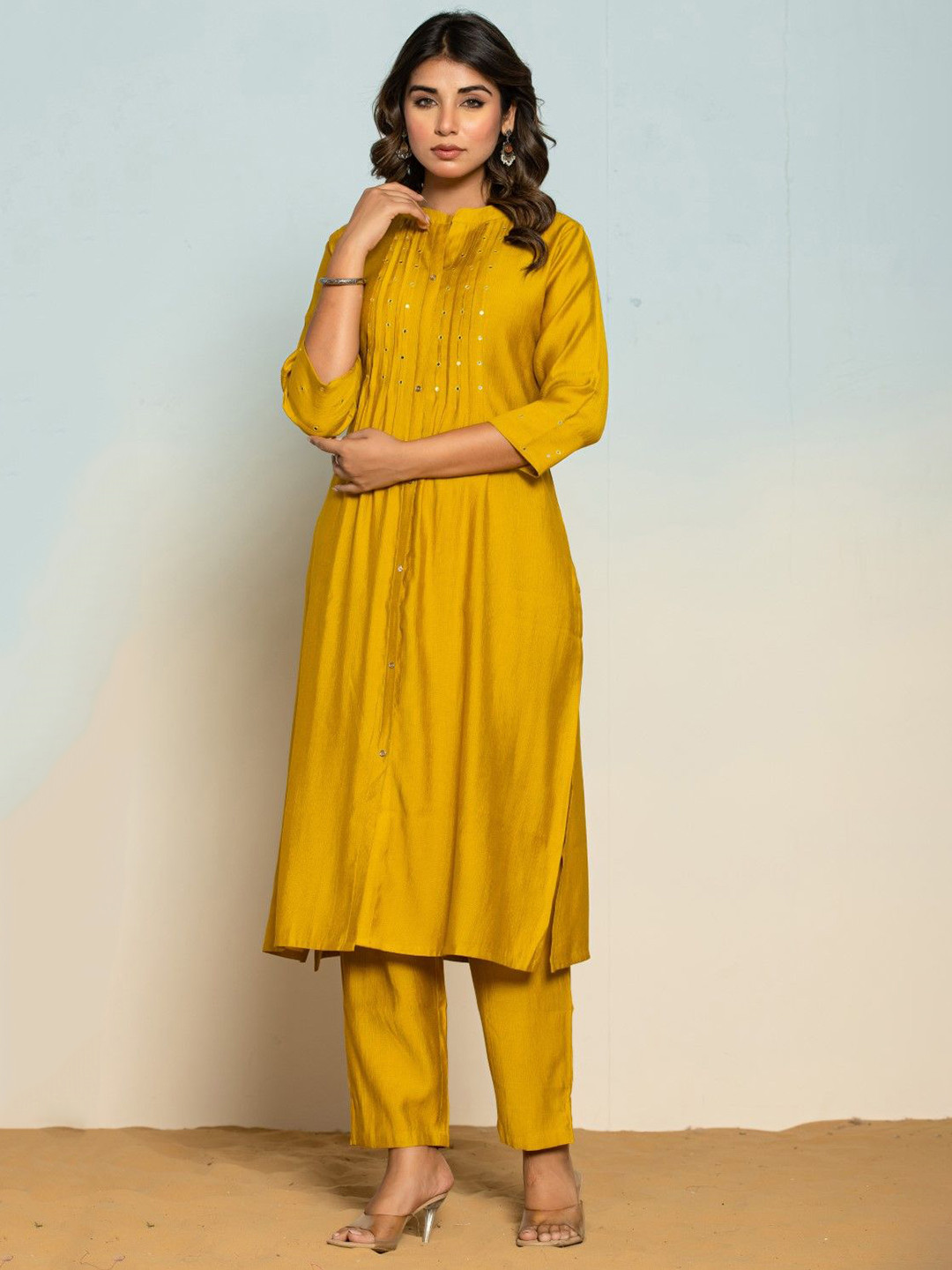 AUTUMN LANE Mika Canary Geometric Yoke Design Mirror Work Pure Cotton Kurta With Trousers