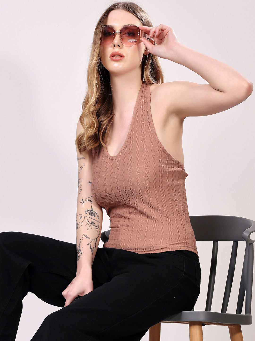 London Hills Women Solid Halter Neck Cotton Blend Top