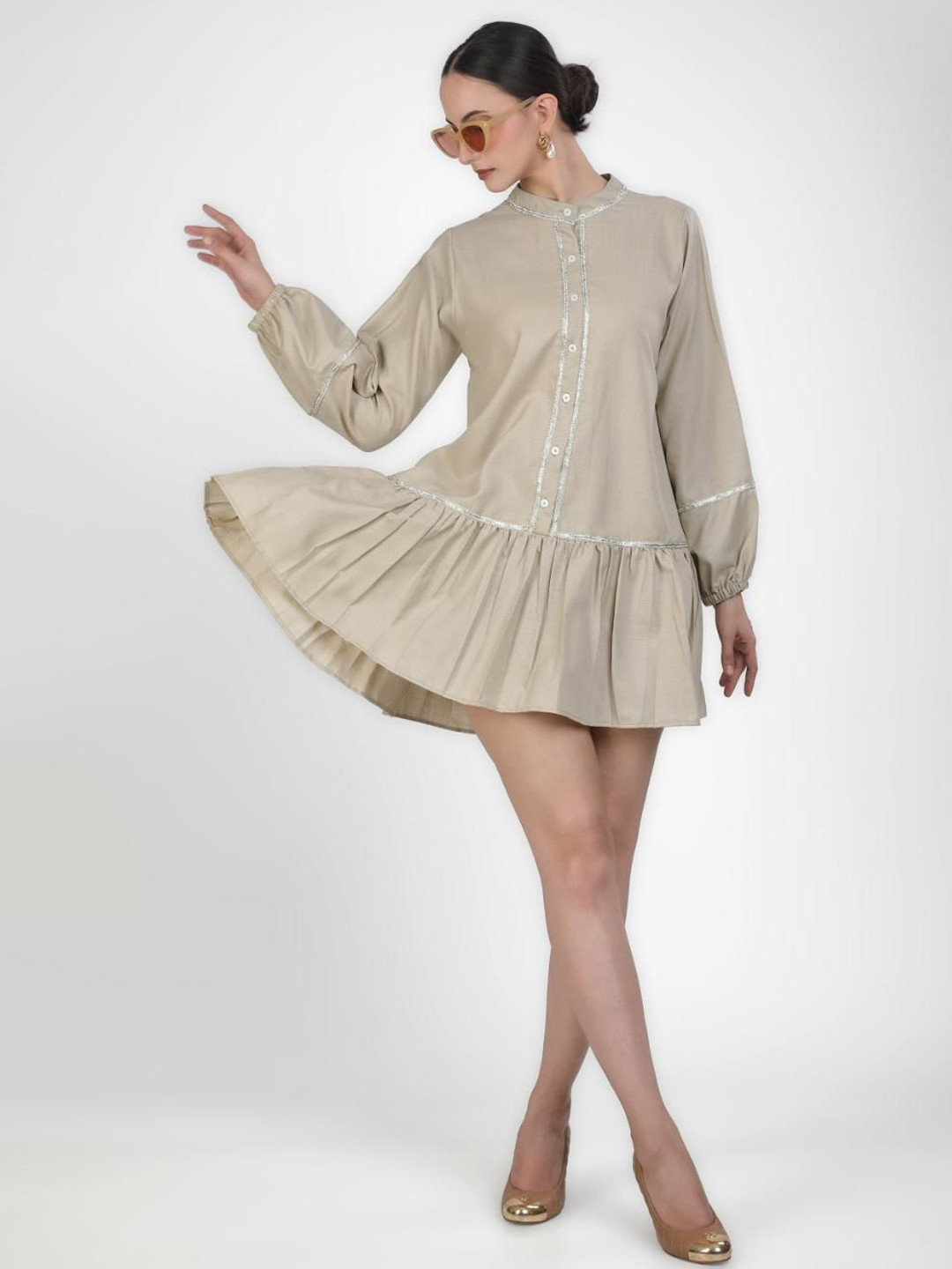 KOVET Mandarin Collar Drop-Waist Mini Dress