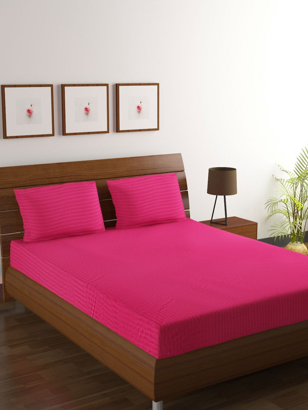 Myntra Elegant Homes Premium Percale Fuchsia Striped Cotton 210 TC King Fine Bedsheet with 2 Pillow Covers-108 x 108 inches