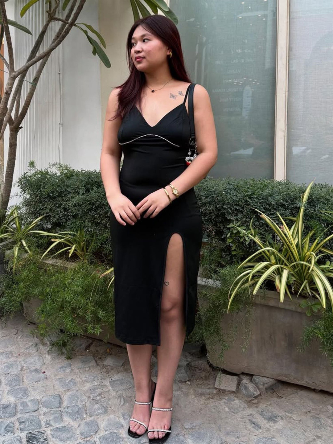 Outzidr Solid Cut Out Dress With Studs