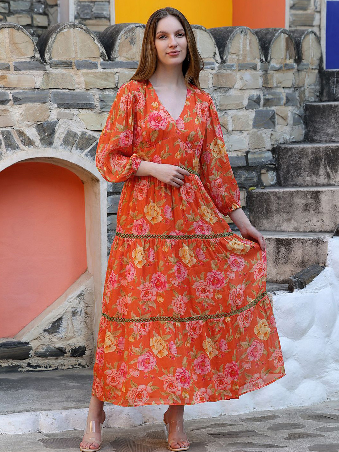 Peppinos Women Cotton V-Neck Tiered Puff Sleeves Floral Printed A-Line Maxi Dress