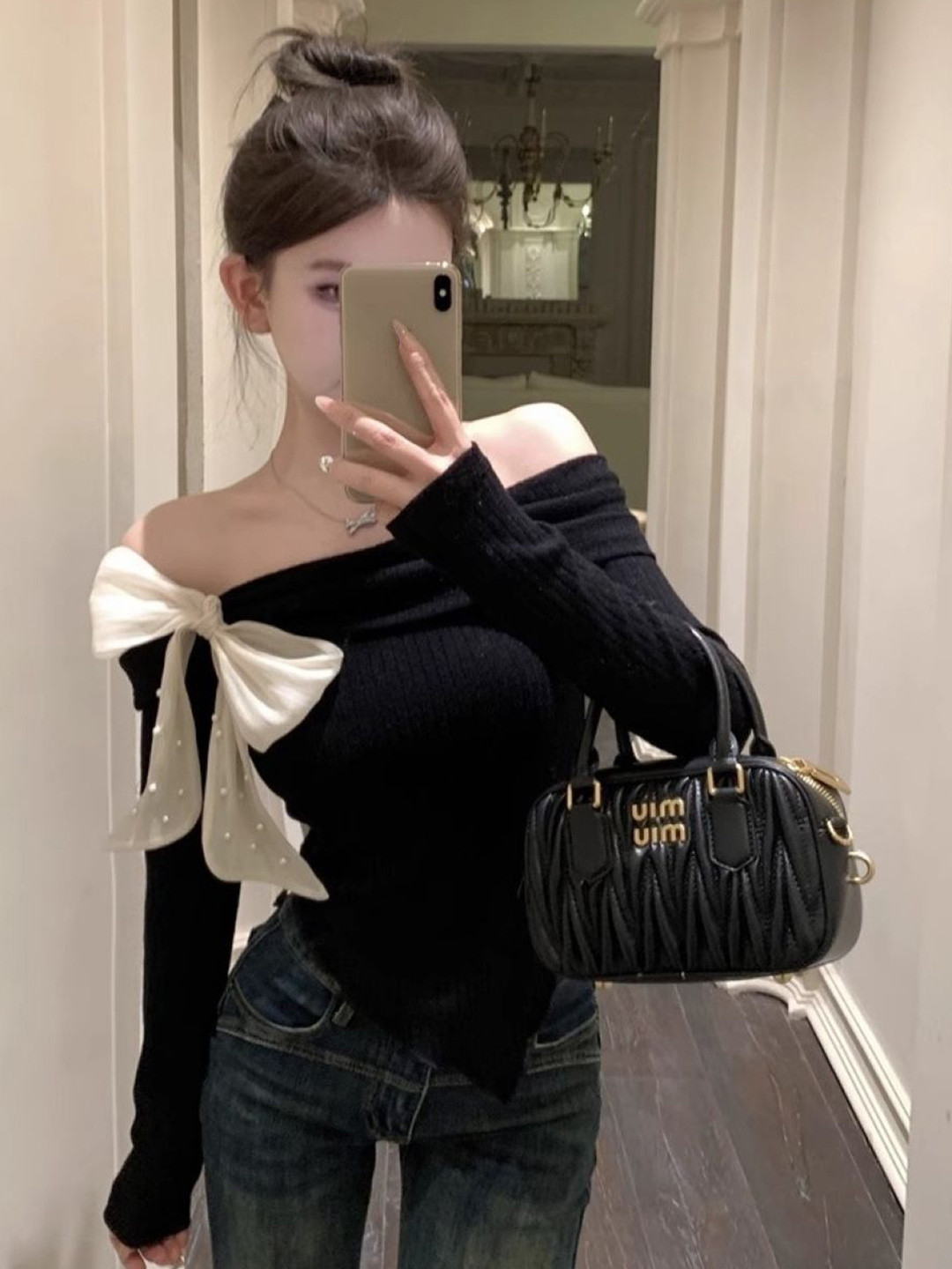 KPOP Women Solid Ribbed Off-Shoulder Bow Top
