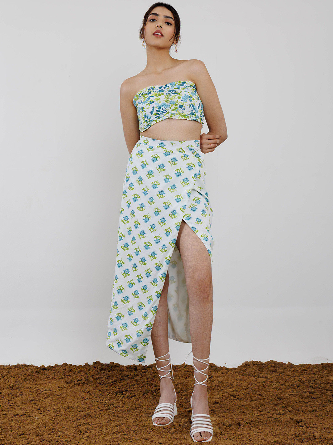 Anasi Clothing Printed Pure Cotton Off Shoulder Top Shrug With Skirt Co-Ords Set