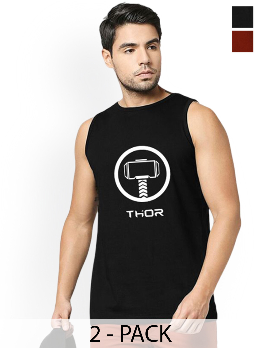 Organic Chics Pack Of 2 Printed Cotton Tanks Maroon Avenger-Black Thor_S