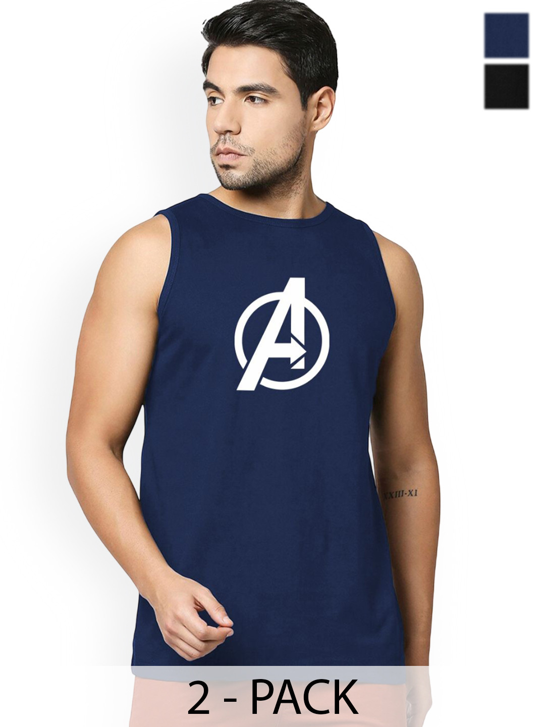 Organic Chics Pack Of 2 Printed Cotton Tank Vests NavyAvenger-BlackBatman_S