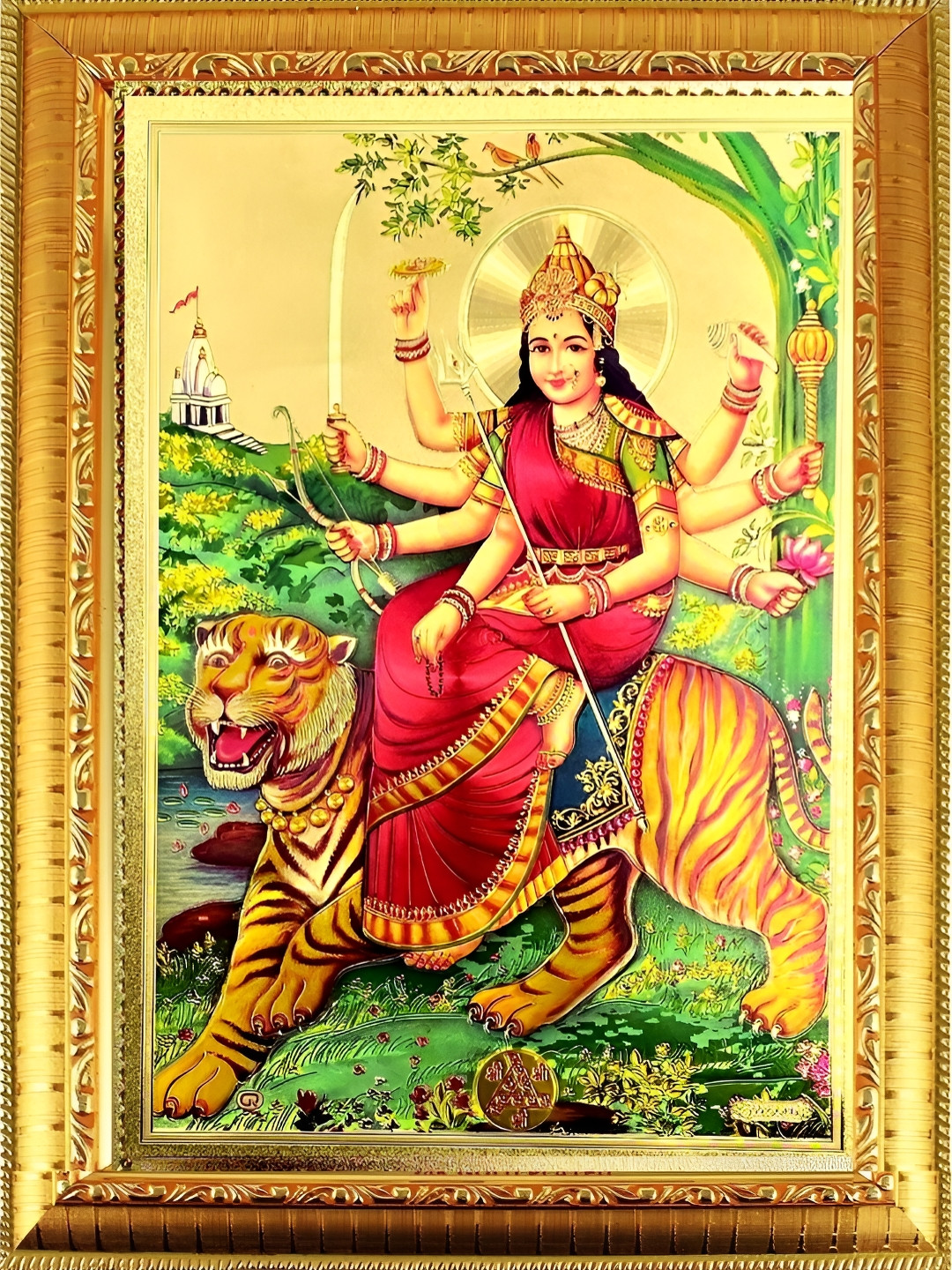 SUNINOW Gold-Toned & Green Durga Maa Wooden Religious Photo Frame