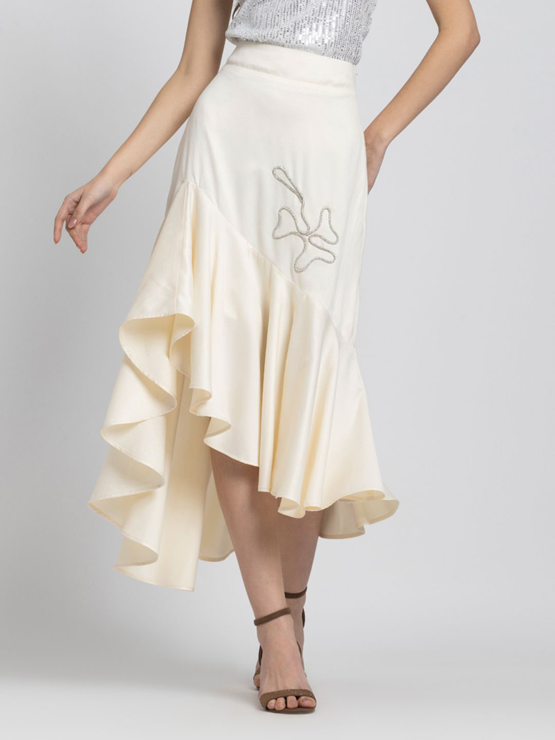 SHAYE Ivory Embroidered Flared Party Skirts For Women