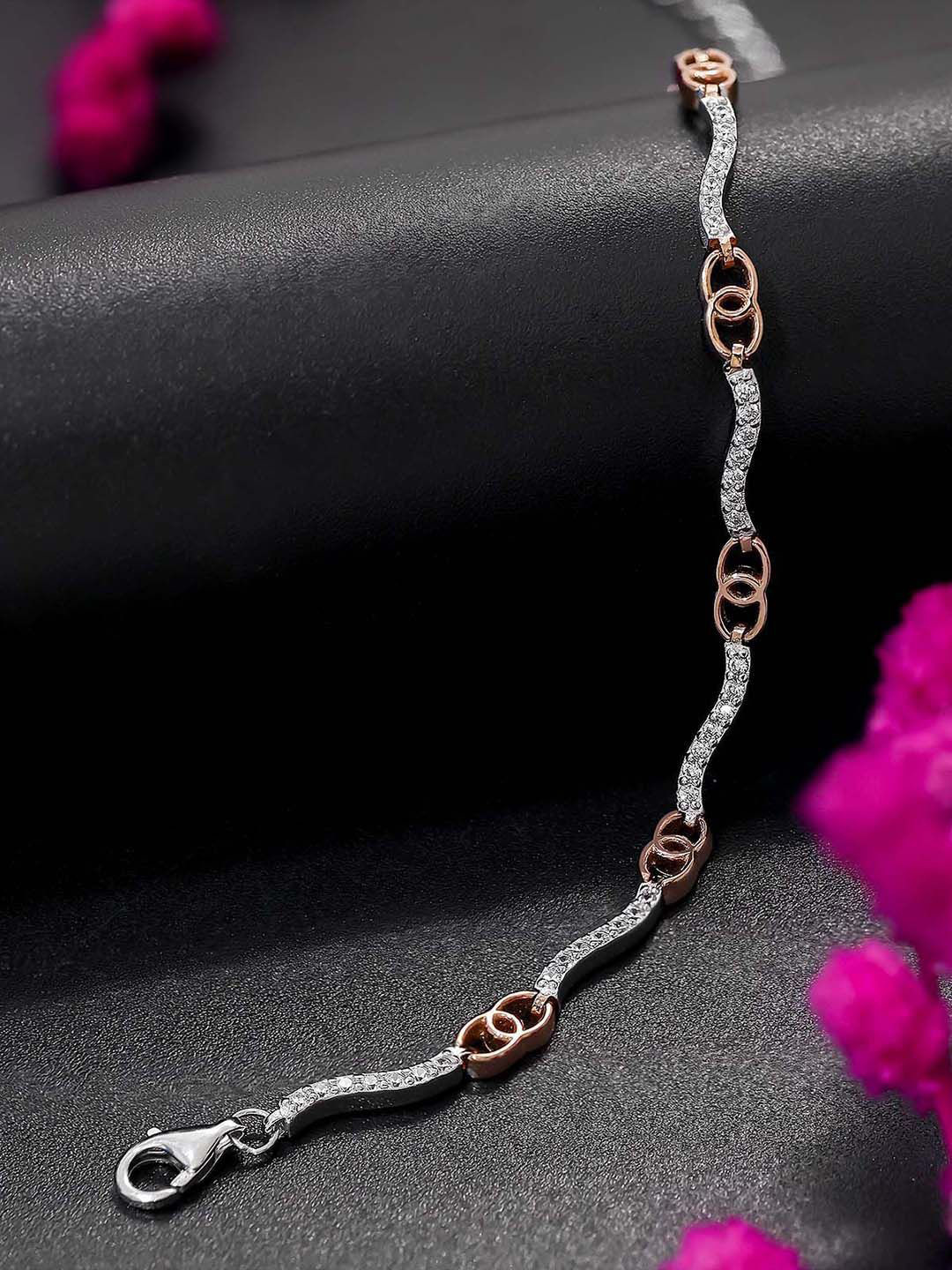 Tweov Jewels 925 Sterling Silver Rose Gold Plated CZ Studded Designer Link Chain Bracelet