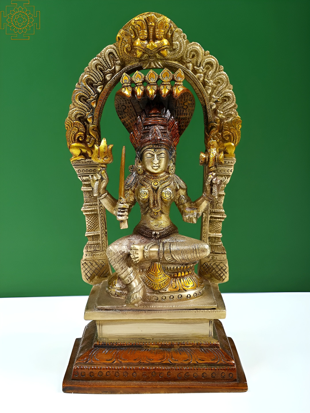 Exotic India Goddess Mariamman Gold Brass Metallic Prayer Room Hand Made Medium Showpiece - 9.5 Inches