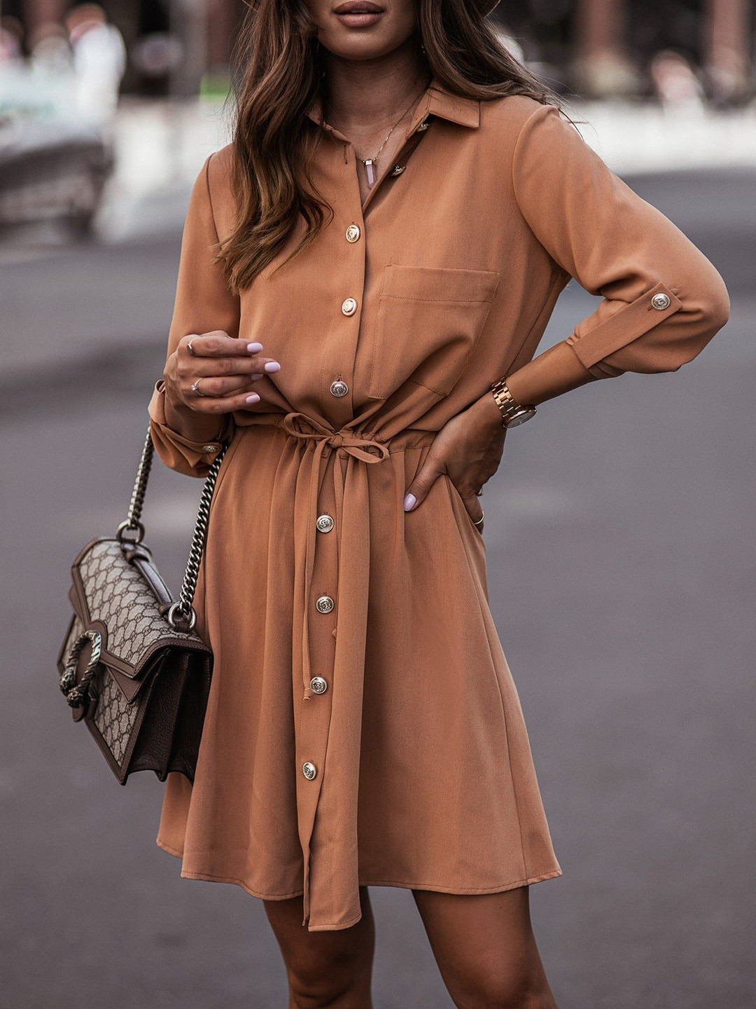 Outzidr Cinched Waist Shirt Dress