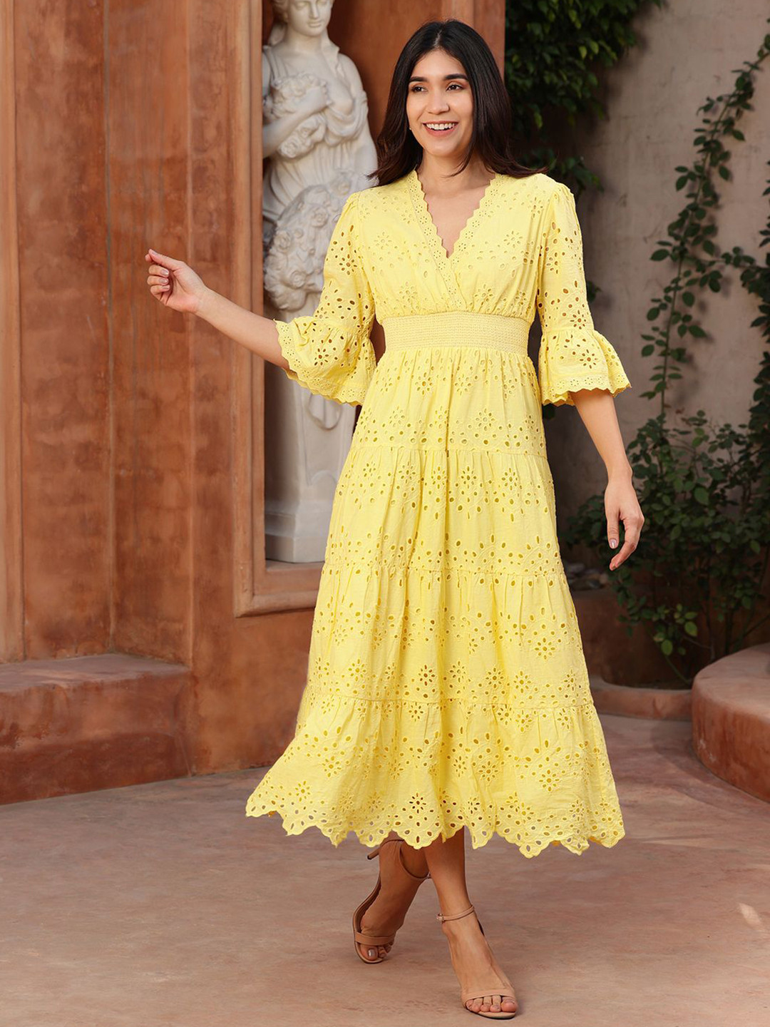 Peppinos Self Design Bell Sleeve Fit and Flare V-Neck Schiffli Tiered Maxi Dress