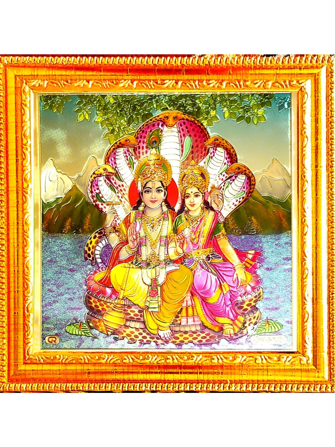 SUNINOW Gold-Toned & Pink Vishnu Laxmi Ji Wooden Religious Photo Frame